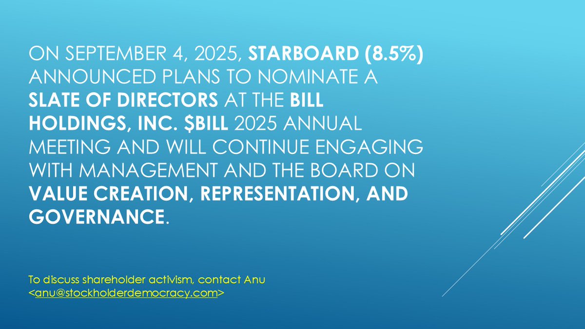 Starboard Value Takes 8.5% Stake in BILL Holdings

On September 4, 2025, activist investor Starboard Value disclosed an 8.5% stake in BILL Holdings, Inc. $BILL and announced plans to nominate a slate of directors at the company’s 2025 annual meeting. The fund also signaled its