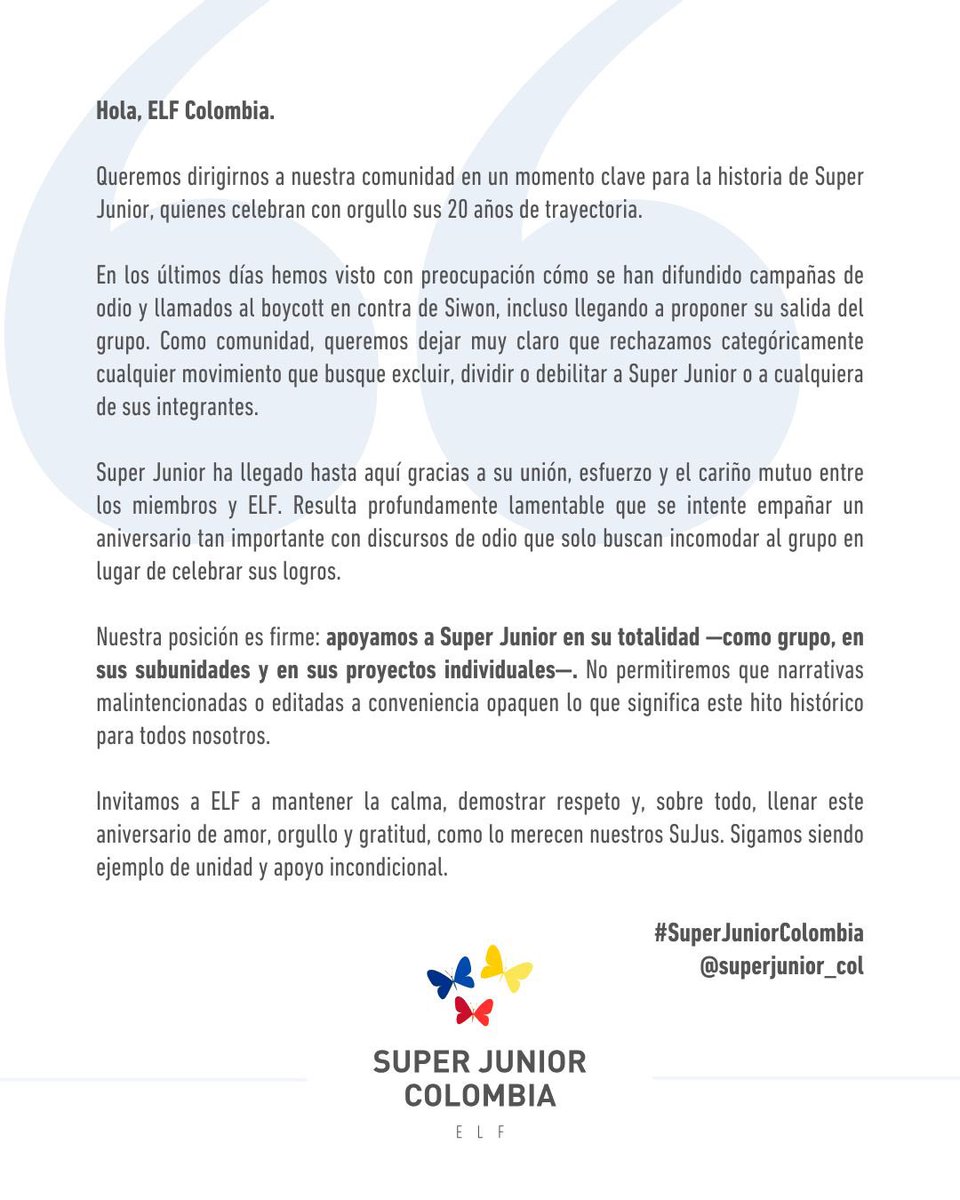 Hola, ELF Colombia.

Queremos dirigirnos a nuestra comunidad en un momento clave para la historia de Super Junior, quienes celebran con orgullo sus 20 años de trayectoria.

<a href="/siwonchoi/">Siwon Choi</a>
#SIWON #시워최 #시원 
#슈퍼주니어 #SUPERJUNIOR 
#SUPERJUNIORCOLOMBIA