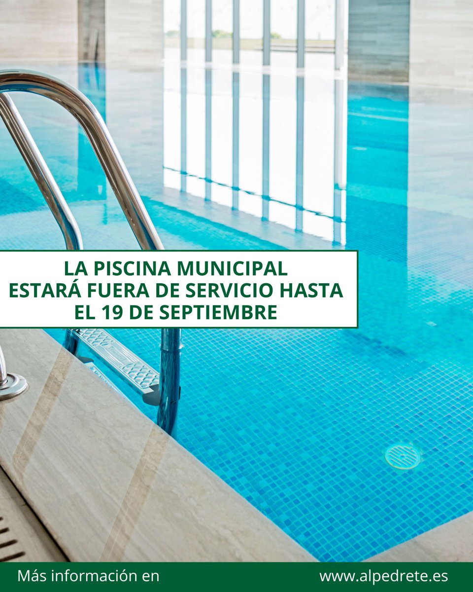 ❌🏊La piscina municipal se encuentra fuera de servicio por reparaciones técnicas

Como cada año por estas fechas, se aprovecha la etapa de despida del verano para realizar las comprobaciones y el mantenimiento necesario. Por ello, la piscina permanecerá cerrada hasta el próximo