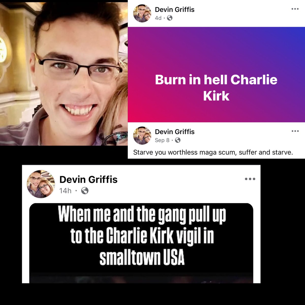 Badhombre's tweet image. Meet Devin Griffis of Sacramento, California. He works as a Technology Services Technician for the California Housing Finance Agency @CalHFA, a government agency tasked with helping Californians find affordable housing. 

His words: “Burn in hell Charlie Kirk. Starve you…