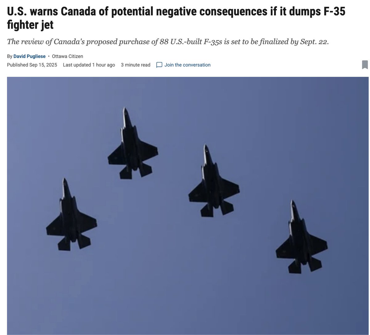 clashreport's tweet image. U.S. warns Canada over F-35 deal.
Canada is reviewing its plan to buy 88 F-35 fighter jets, decision expected by Sept. 22.
U.S. warns of "serious consequences" if Canada cancels.
Canada considering Swedish Gripen as alternative; U.S. opposes running two fighter fleets.…