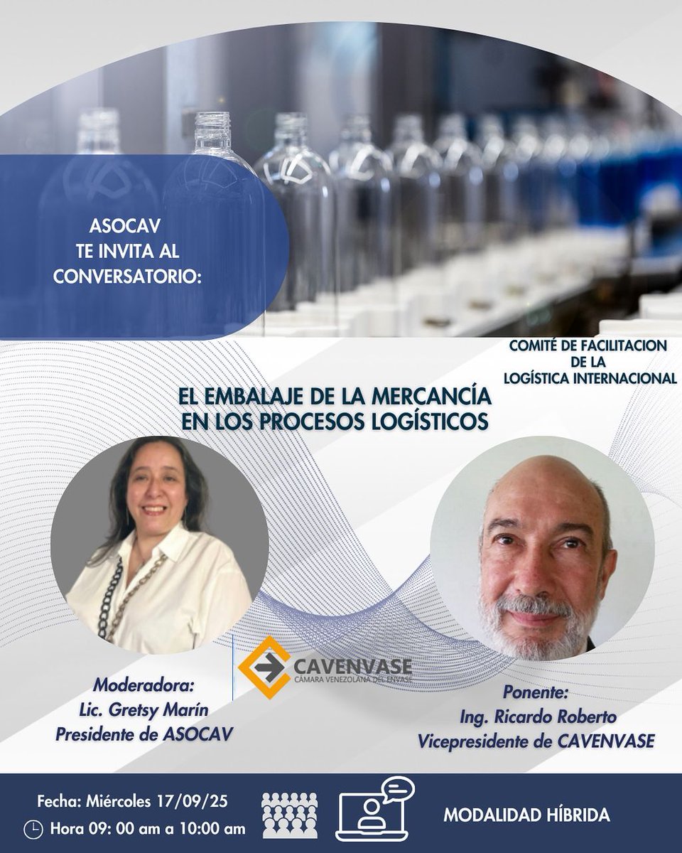 Los invitamos a este webinar con el Ing. Ricardo Roberto, Vicepresidente de la Cámara Venezolana del Envase.

Moderador: Gretsy Marín, Presidente de ASOCAV 

Modalidad híbrida (para reservar el cupo presencial 0414.3095640)

Link para el registro: 
docs.google.com/forms/d/1VjXeP…