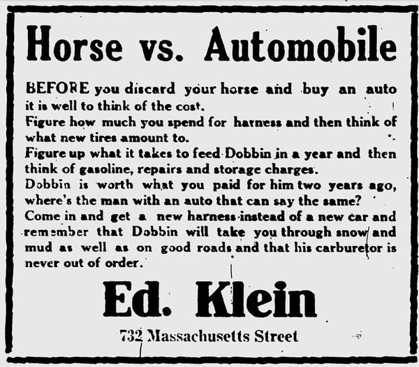 “Horse vs. Automobile”. Anti-car, pro-horse newspaper ad from 1915.