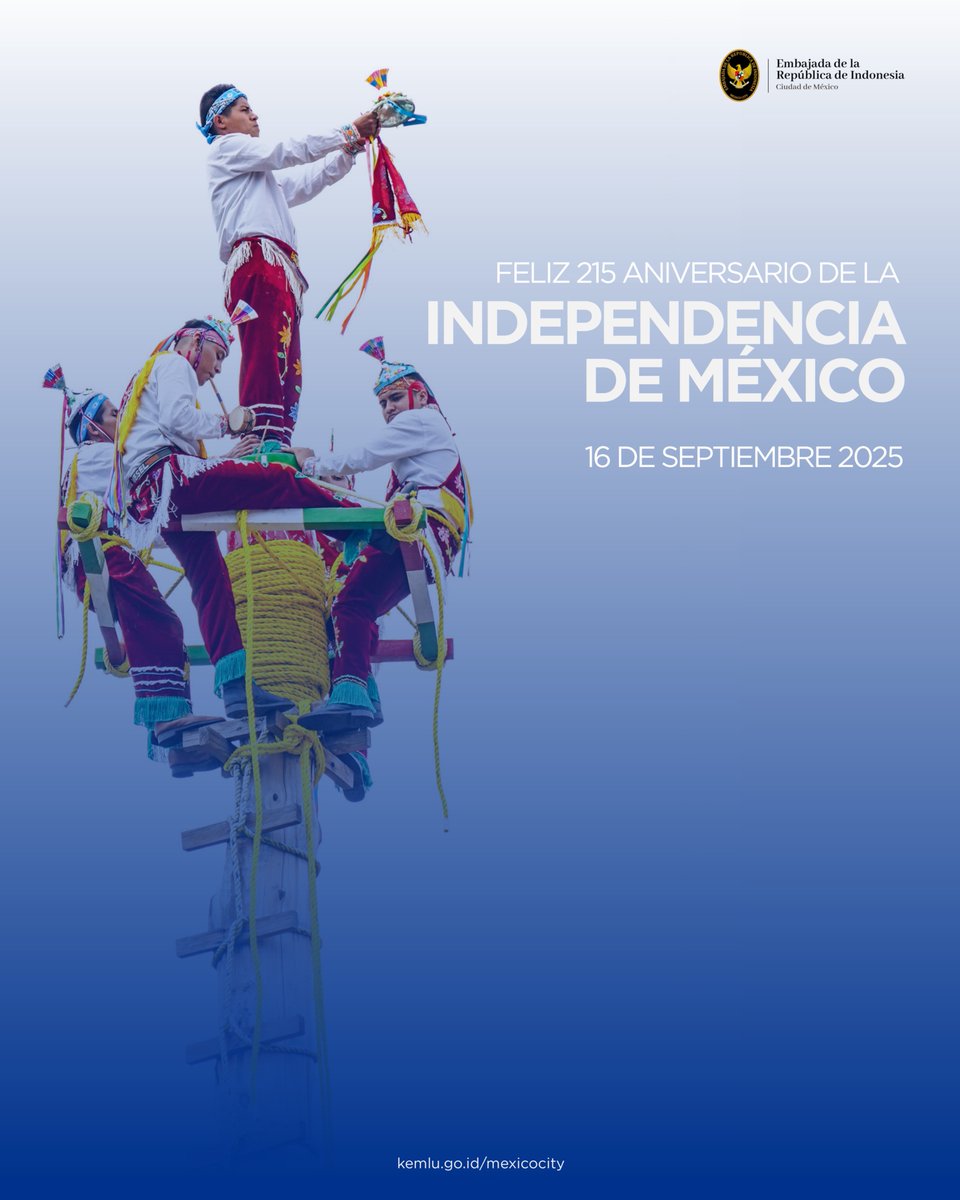 Indonesia 🇮🇩 expresa sus saludos y felicitaciones al pueblo y al Gobierno de México 🇲🇽 por el 215.º aniversario de su independencia.

@gobmexico @sremx
