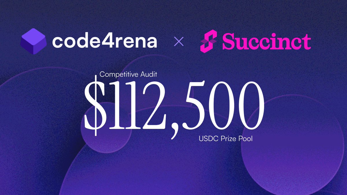 code4rena's tweet image. The Succinct audit competition STARTS NOW!
Let’s welcome the Succinct for their $112,500 competitive audit.
This competition will run for 30 days with the biggest prizes going to the highest + rarest vulnerabilities found and a great opportunity to work with @SuccinctLabs.
For…