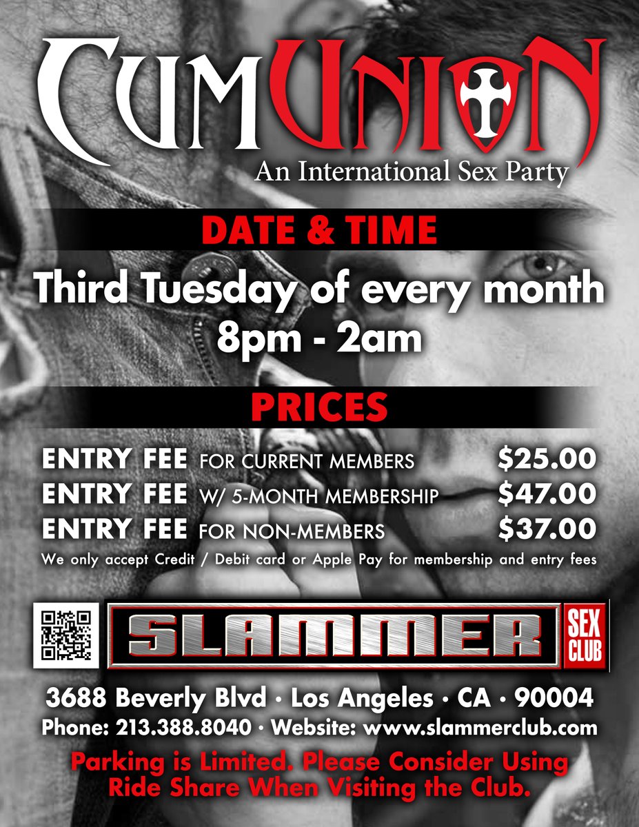 Tomorrow, Sept. 16, doors open at 8 PM. CumUnion Party at Slammer Club, 3688 Beverly Blvd, Los Angeles. 8 PM–2 AM. Arrive early to avoid lines. More info: slammerclub.com/events/.

<a href="/SlammerClubLA/">Slammer Club LA</a> <a href="/CumUnion/">CumUnion</a>