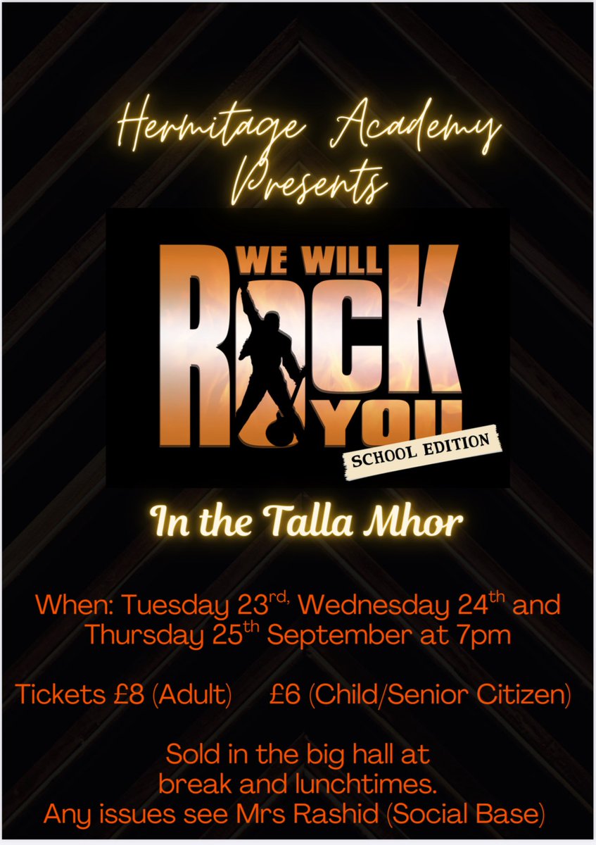 HermitageSocSub's tweet image. 🚨 Still time to get your tickets for ‘We Will Rock You’🎸🎤 Not long now until this incredible performance takes the stage—don’t miss out! Let’s celebrate creativity and talent together 🌟 #WeWillRockYou #UNCRCArticle31 @HermitageAcad