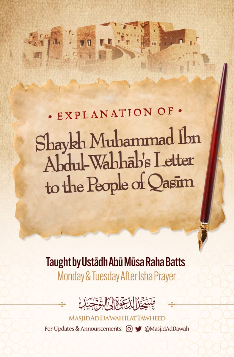 MasjidAdDawah's tweet image. Explanation of Shaykh Muhammad Ibn Abdul-Wahhab&apos;s Letter to the People of Qasim

Taught by: Shaykh @RahaBatts 

Tonight after Salatul-Maghrib

Listen Live via Mixlr: …sjid-ad-da-wah-ilat-tawheed.mixlr.com/events/4534784

Location: Masjid ad-Da&apos;wah ilat-Tawhid 1125 Appleton Rd. Baltimore, MD