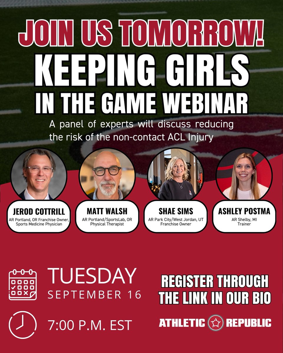 🚨 HAPPENING TOMORROW!

You won’t want to miss this powerful discussion about reducing non-contact ACL injuries in female athletes. Great for athletes, parents, and coaches!

Come join us! You can still register here: us02web.zoom.us/meeting/regist…

#acl #injuryprevention
