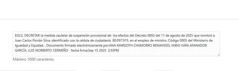 #ATENCIÓN |  El Tribunal Administrativo de Cundinamarca suspendió de forma provisional al ministro de la Igualdad, Juan Carlos Florián Silva, mientras estudia la demanda de fondo que pide anular su nombramiento, por presuntamente incumplir la cuota de género femenino en el
