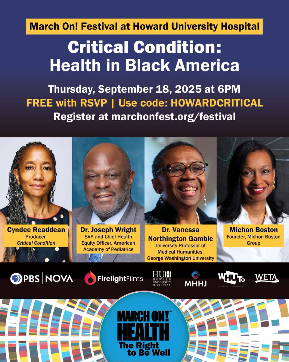 Join us on September 18 at 6:00 PM ET for an urgent conversation about Critical Condition: Health in Black America, the acclaimed NOVA and Firelight Films documentary by Stanley Nelson. Howard University Hospital, Towers Auditorium. FREE. buff.ly/gELyMp2
