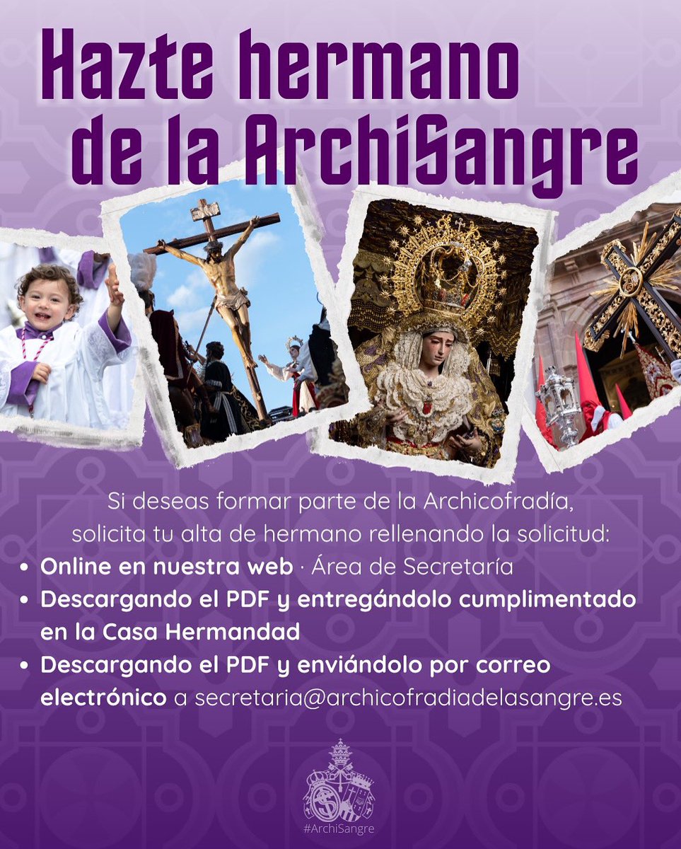 HAZTE HERMANO 📋 | ¿Eres devoto del Señor y la Virgen, y quieres hacerte hermano?

📝 Puedes cumplimentar y enviar la solicitud de diferentes formas ⬇️

archicofradiadelasangre.es/alta-de-herman…

#CofradíasMLG #ArchiSangre