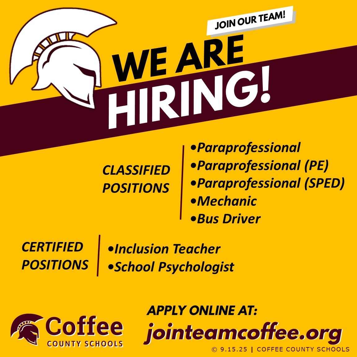 Latest Job Postings – 9/15/25

To view the latest job openings at any time, to see specific job descriptions, or to apply online, visit our employment site at: jointeamcoffee.org
