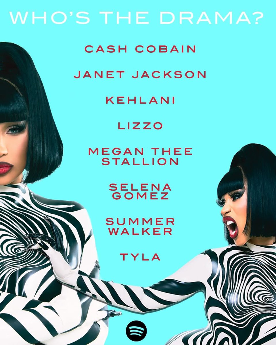Rap's tweet photo. CARDI B
AM I THE DRAMA? 💿

FEATURES:
👤 CASH COBAIN
👤 JANET JACKSON
👤 KEHLANI
👤 LIZZO
👤 MEGAN THEE STALLION
👤 SELENA GOMEZ
👤 SUMMER WALKER
👤 TYLA

🚨FRIDAY🚨 https://t.co/Bj0nh3DTTb