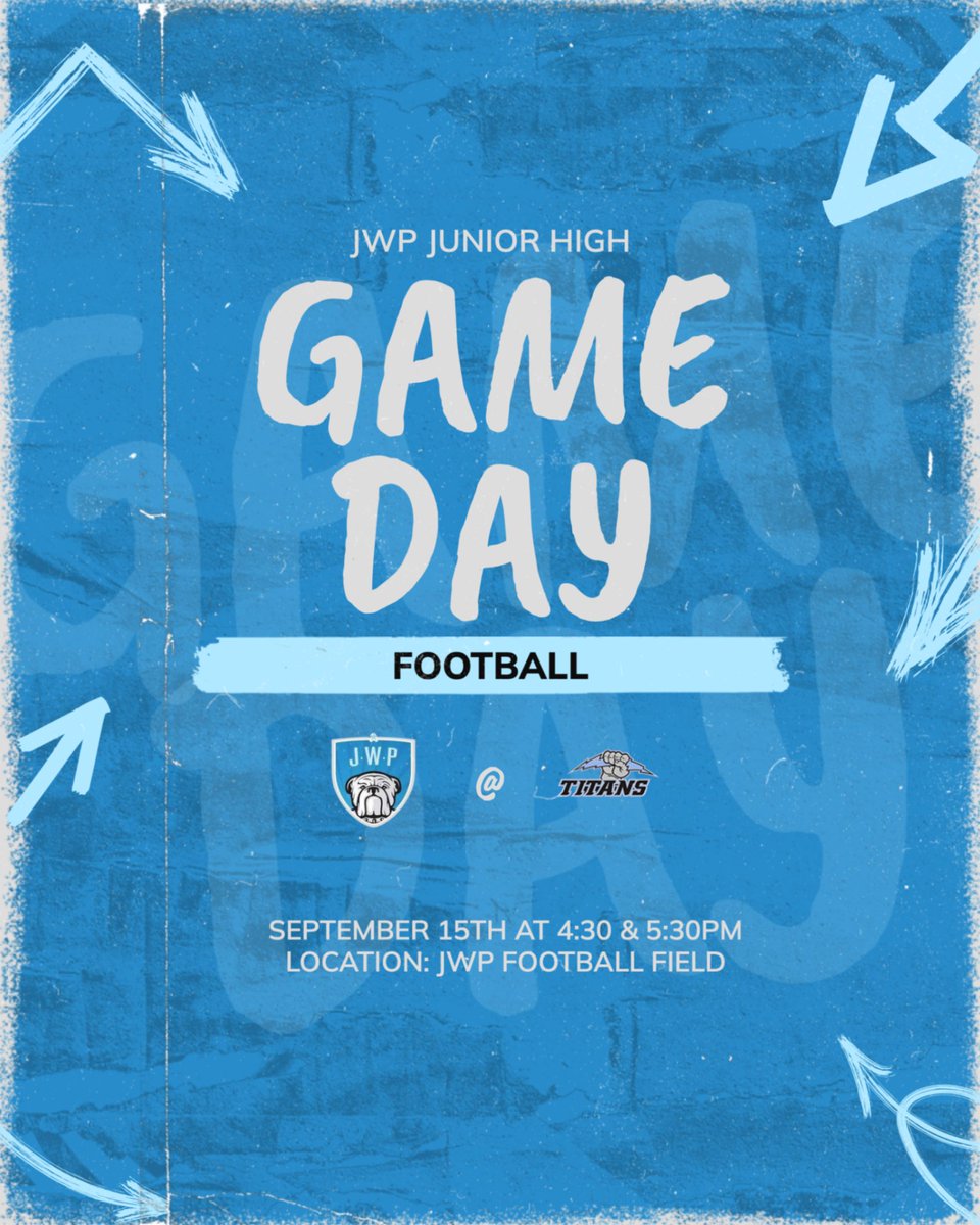 First home game of the season for JH Football! 

JWP vs Tri City United
Time: 4:30pm &amp; 5:30pm
Location: JWP Football Field