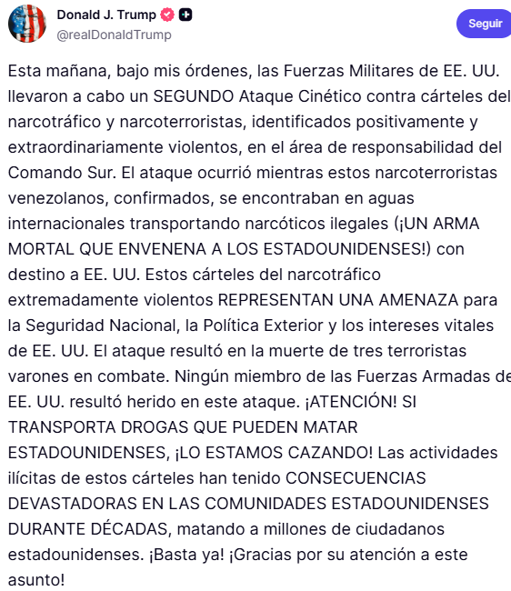 johndelavegalaw's tweet photo. El presidente Trump confirma un segundo ataque contra una narco embarcación proveniente de Venezuela.

¡Los están cazando! 🎯 https://t.co/WZCsS8OHEI