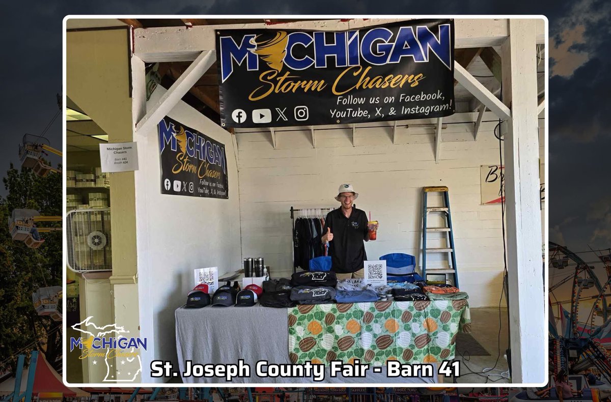 Looking for something to do this evening? Check out the St. Joseph County Fair between now and roughly 7:30-8 pm EDT. We have a booth set up in barn 41! Come chat with Chandler and some of our storm chasers (including Ben who is pictured in this photo) and get yourself some