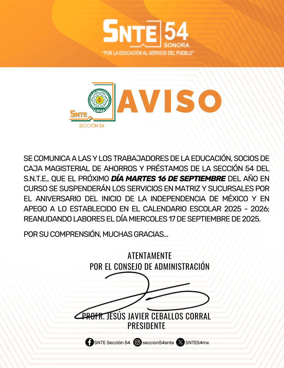 📢 AVISO

El martes 16 de septiembre 2025 no habrá servicio en la Caja Magisterial Sección 54 del SNTE por el Aniversario del inicio de la Independencia de México 🇲🇽.
👉 Se reanuda el miércoles 17 de septiembre.

#PorlaEducaciónalServiciodelPueblo ✅