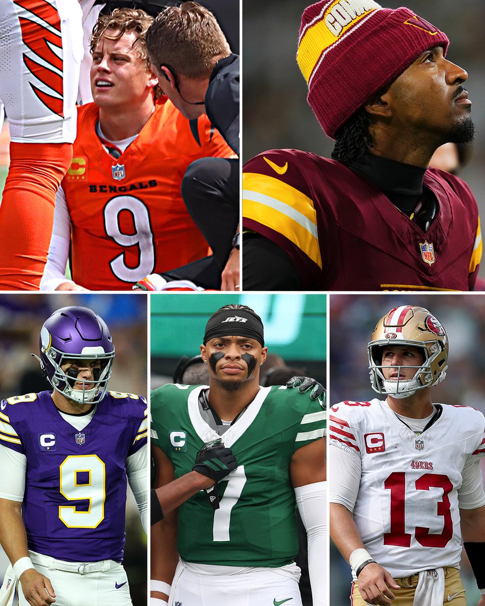 YahooSports's tweet image. All of these QBs are injured, and we're not even finished with Week 2 😬 

- Joe Burrow (turf toe)
- Jayden Daniels (knee)
- J.J. McCarthy (ankle)
- Justin Fields (concussion)
- Brock Purdy (turf toe)