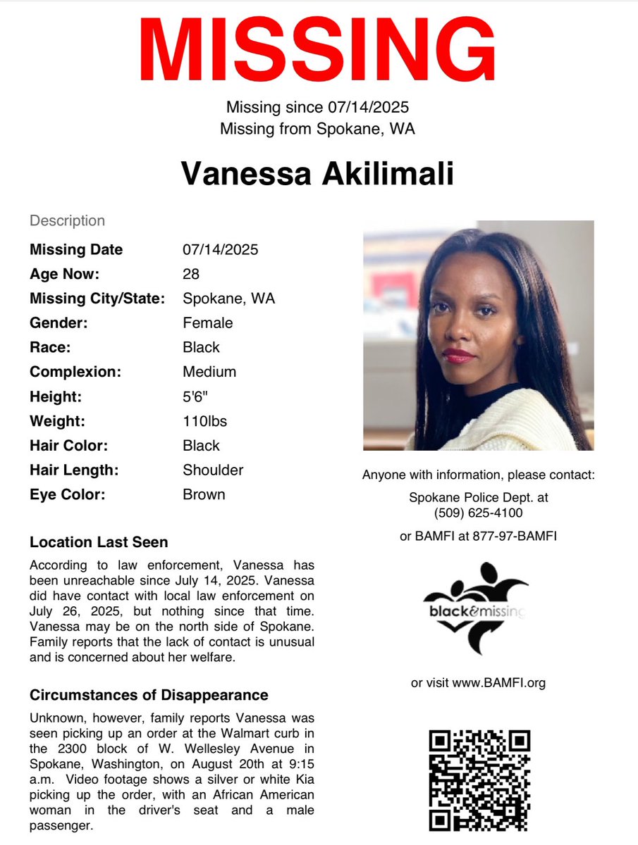 BAM_FI's tweet image. #Spokane, #WA: 28y/o #VanessaAkilimali, according to law enforcement, has been unreachable since Jul 14. She had contact with local LE on Jul 26, but nothing since. She may be on the N side of Spokane. Family reports that the lack of contact is unusual & are concerned about her.
