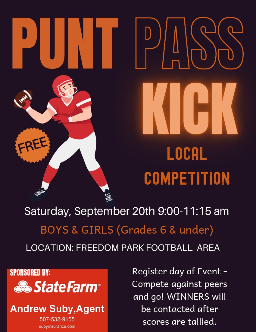 Come join us for the "Punt, Pass &amp; Kick" Competition at Freedom Park on Saturday, September 20th starting at 9:00 AM.  Free registration takes place on the day of the event.  Hope to see you there!