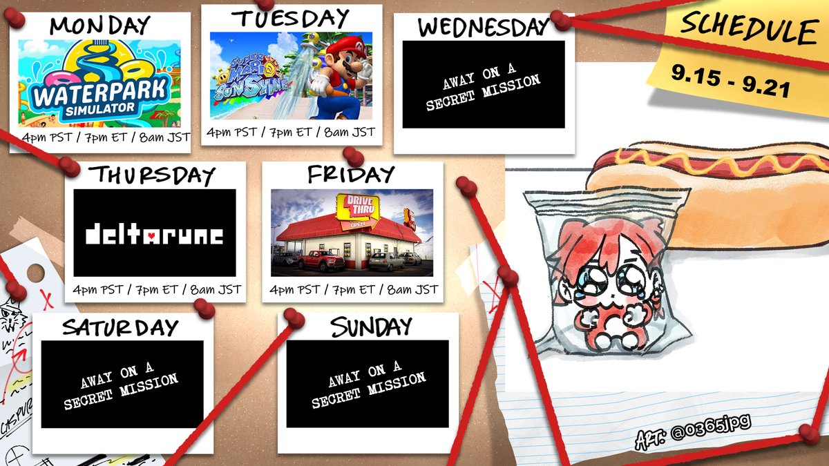 SCHEDULE | 🎨lin @/0365jpg

MON: waterpark simulator
TUE: mario sunshine 100%
WED: - no stream -
THURS: Deltarune ch 3
FRI: Working a REAL job for once
SAT: - no stream -
SUN: - no stream -