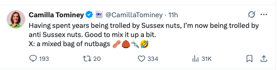 SophieCaligirl's tweet photo. @the_royal_rogue The narcissistic BULLY, @CamillaTominey, has gas-lit all who support the #PPOW by viciously saying they have hearts of stone if they didn't support Haz being welcomed back. And now she's crying she's a victim of their backlash & calls them all nuts. We see you, MeghanJr👿!🤣🤣🤣 https://t.co/r4oe6Lx3dB