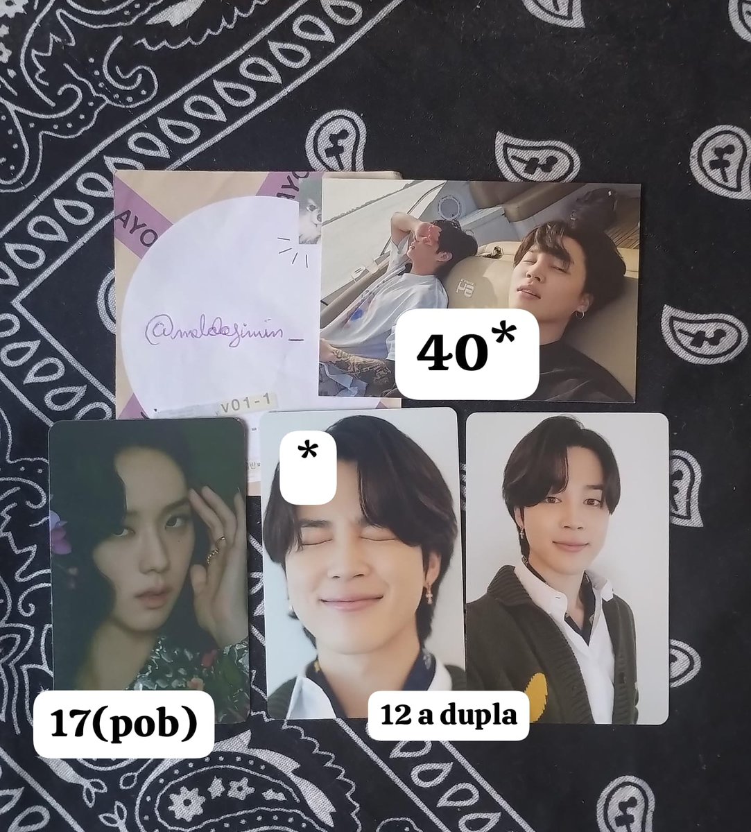 🏷VENDO/VENDA BTS E JISOO 
Cards com * possuem avaria/press mark
(dupla n vendo separado)
°valores + frete calculado

Envio em 1~2 semanas

| Fdbk's no fixado