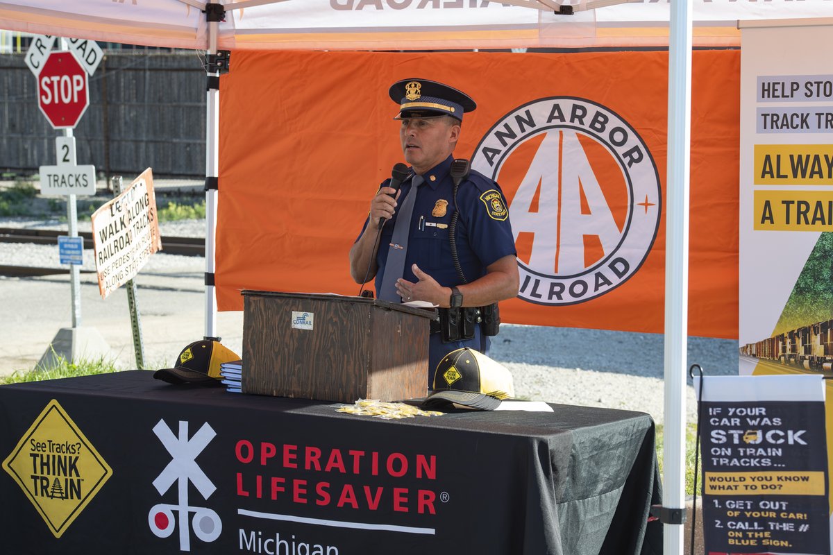 Today, #SeeTracksThinkTrainWeek kicked off with an event in #AnnArbor. First responders, local and state officials, Ann Arbor Railroad employees, <a href="/MI_FreightRail/">Michigan Railroads Association</a>, and <a href="/olinational/">Operation Lifesaver</a> volunteers helped make it successful bringing awareness to #railsafety. <a href="/MichStatePolice/">Michigan State Police</a> <a href="/CNRailway/">Canadian National</a>