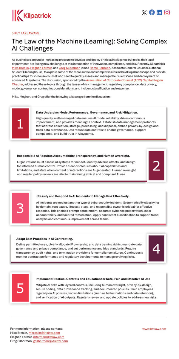 5 Key Takeaways | The Law of the Machine (Learning): Solving Complex AI Challenges

Read more from Mike Breslin, Meghan Farmer, and Greg Silberman: ktslaw.com/en/insights/pe…