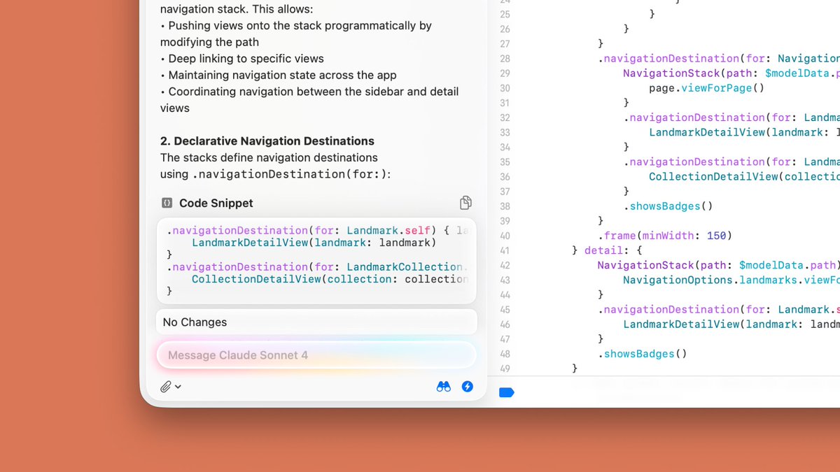 claudeai's tweet image. Now generally available in Xcode 26: Developers can connect their Claude account to Xcode and power coding intelligence features with Claude Sonnet 4.
Generate documentation, explain highlighted code, generate previews and playgrounds, and more with Claude in Xcode.