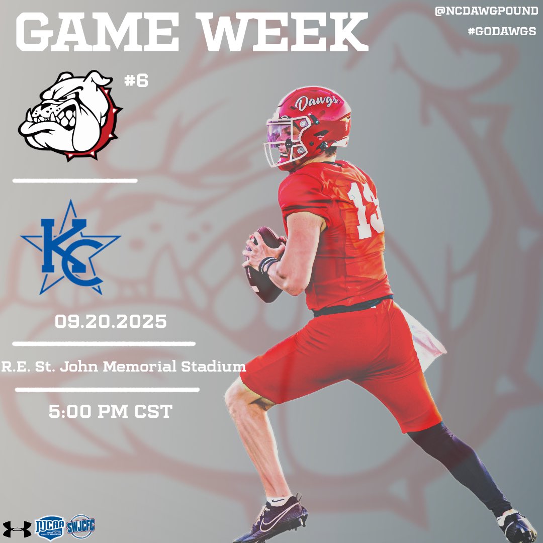 Back at it again this Saturday on the road against Kilgore ‼️

📍- R.E. St John Memorial Stadium
⏰- 5:00 PM CST

#GoDawgs #RepNC
