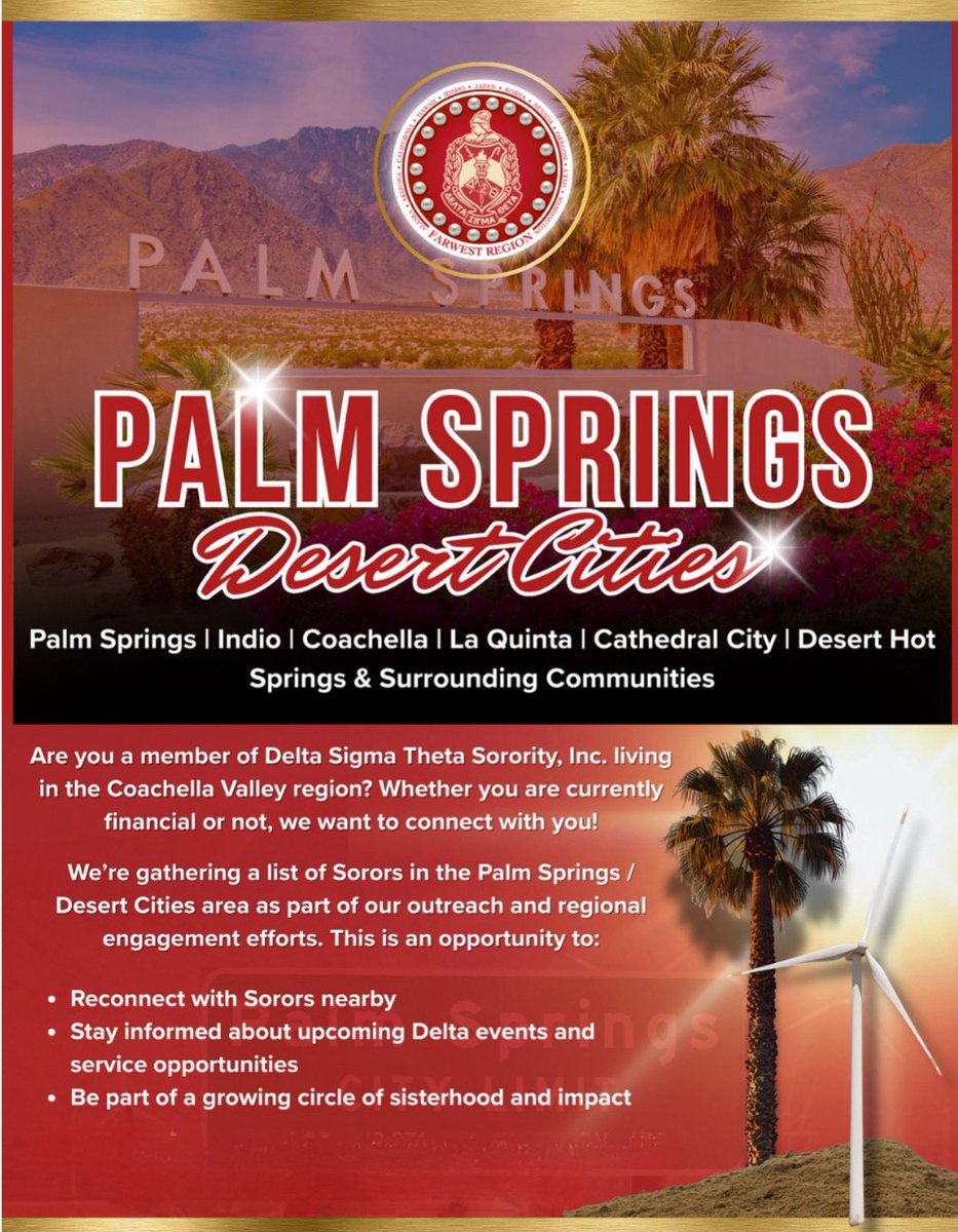 DSTFWR's tweet image. 🌴 Sorors in Palm Springs, Indio, Coachella, La Quinta, Cathedral City, Desert Hot Springs &amp;amp; beyond — we want to connect with YOU! ❤️
Reconnect • Stay informed • Build sisterhood &amp;amp; impact ✨

🔗 Complete the short form: Link in Bio
#DST1913 #FarwestFIRST #PalmSpringsSorors