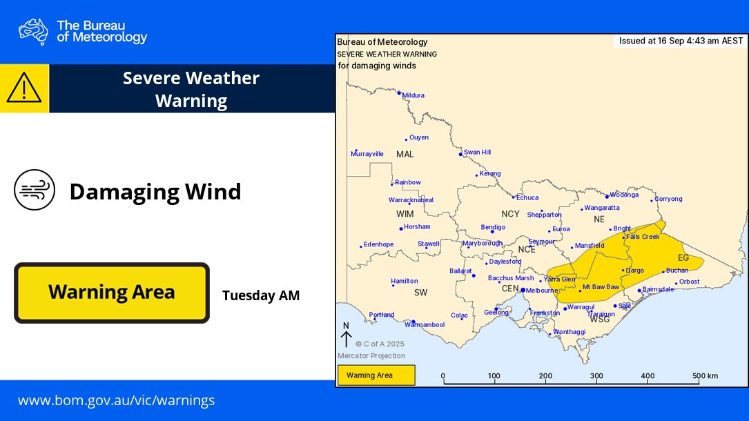 BOM_Vic's tweet photo. Damaging winds continue this morning in the east.
A cold front has slowed overnight, damaging north to northwesterly winds will continue until about late morning.
More: https://t.co/DgSCmtVgP5
#FallsCreek #Dargo #MtBawBaw #MtHotham #MtBuller https://t.co/ut9f2YAcge