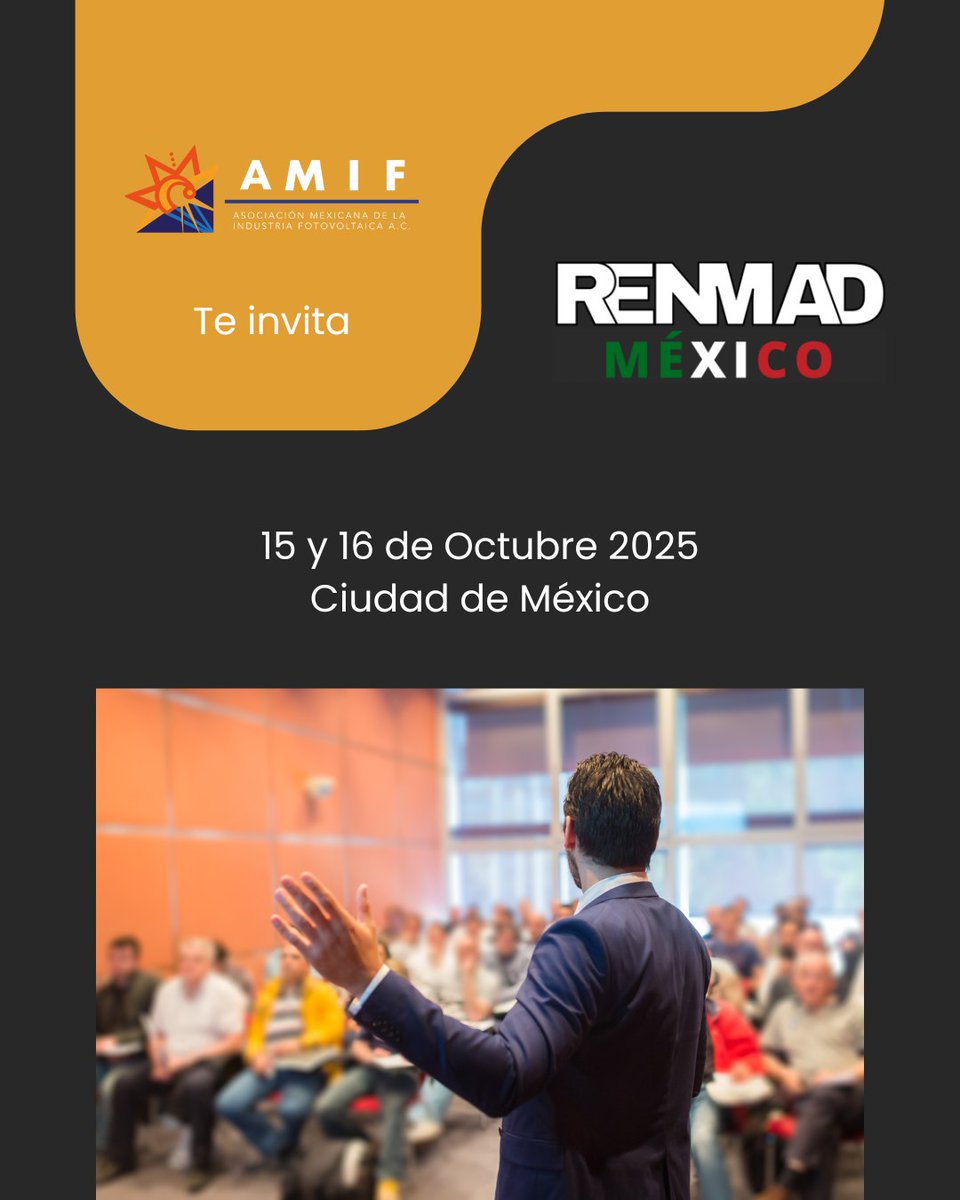 ⚡ La AMIF estará presente en #RENMADMéxico 2025 🇲🇽
📅 15-16 de octubre | CDMX
Un encuentro clave sobre energía renovable y almacenamiento para impulsar el futuro energético.
👉 Más info: renmad.com/mexico/
#AMIF #EnergíaSolar #IndustriaFotovoltaica