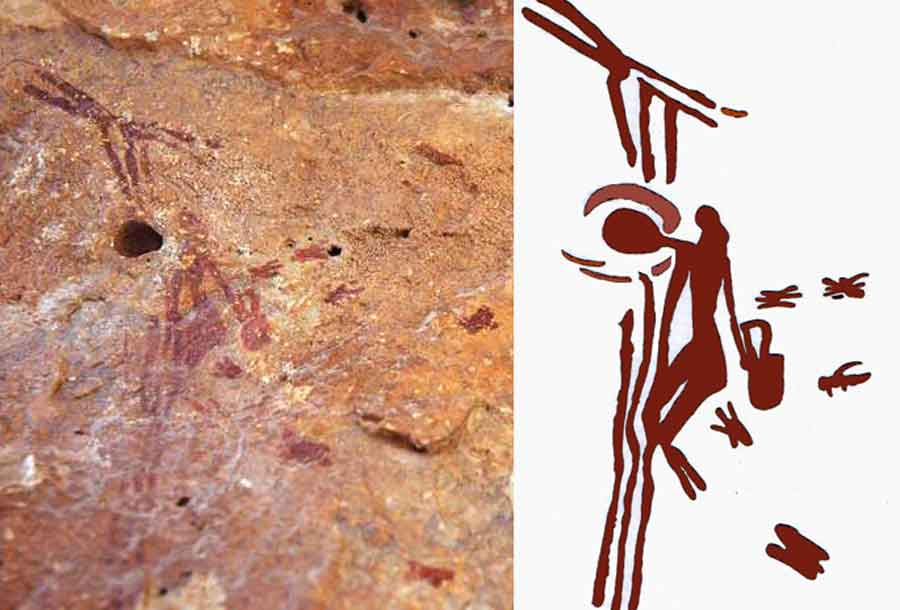 Mesolithic cave painting from Valencia, Spain, showing a person climbing a rope ladder to collect honey from a beehive. 6,000-8,000 BC.

These are the oldest depictions of honey harvesting and ladder usage.