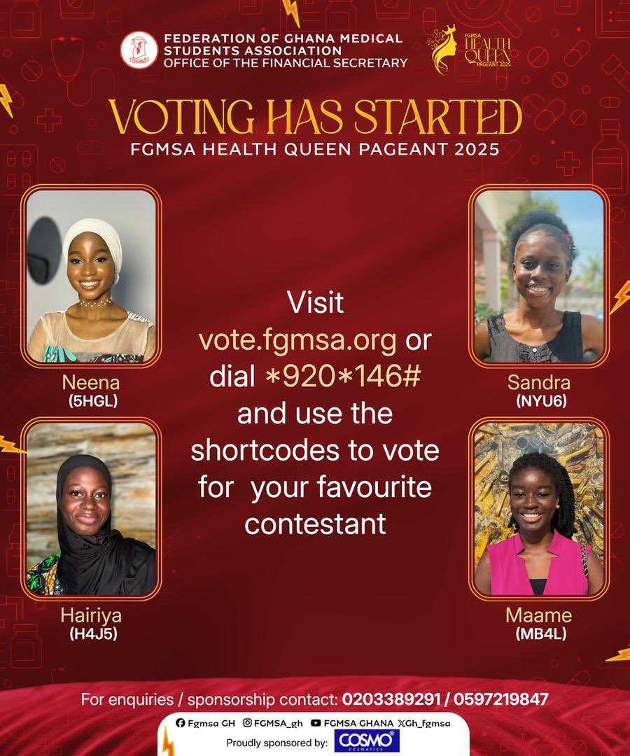 📲 Cast your vote now at vote.fgmsa.org or dial *920*146# and use the shortcodes to support your favorite contestant.

Every vote counts. Let’s crown Beauty with Purpose! 💕

#FGMSAHealthQueen2025 #BeautyWithPurpose #VoteNow