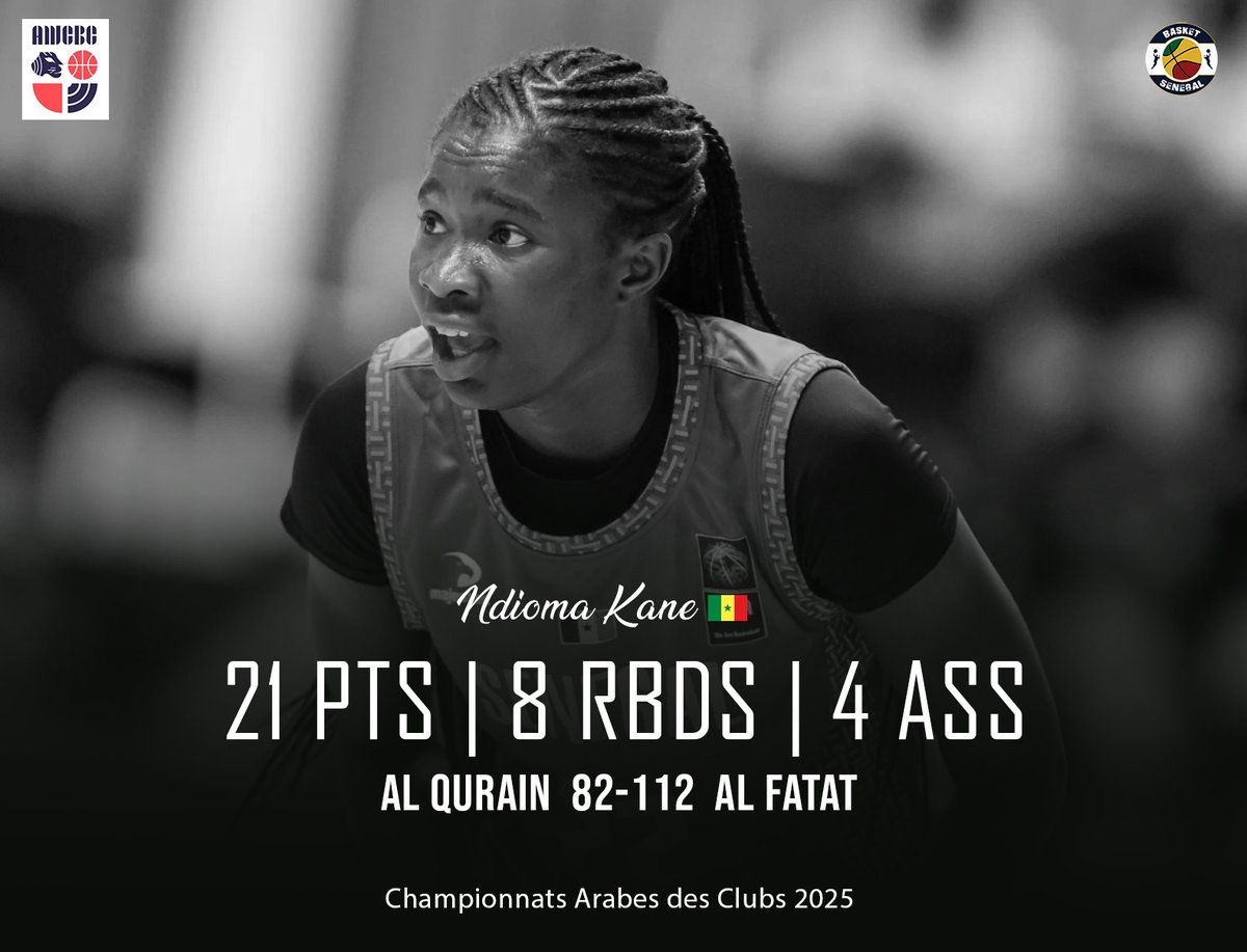 Basket_Senegal's tweet photo. Championnats Arabes des Clubs 🏆
Ndioma Kane🇸🇳 s'illustre avec Al Fattat et participe à la victoire sur Al Qurain (112-82).
Les deux clubs Koweitiens s'affrontaient ce lundi à Médine, ville hôte de l'édition 2025🏀.
#basketsenegal #awcbc https://t.co/un3fR7vHQh