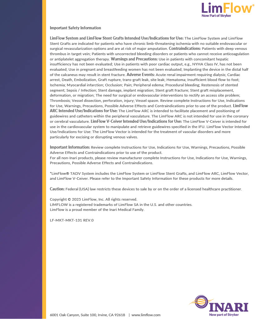 CLI_LimFlow's tweet image. This PAD Awareness Month, we bring awareness to patients suffering from CLTI and reaffirm our shared mission with physicians to save limbs and lives through Transcatheter Arterialization of Deep Veins (TADV) with the LimFlow System.

#PADAwarenessMonth #CLTI #LimbSalvage #LimFlow