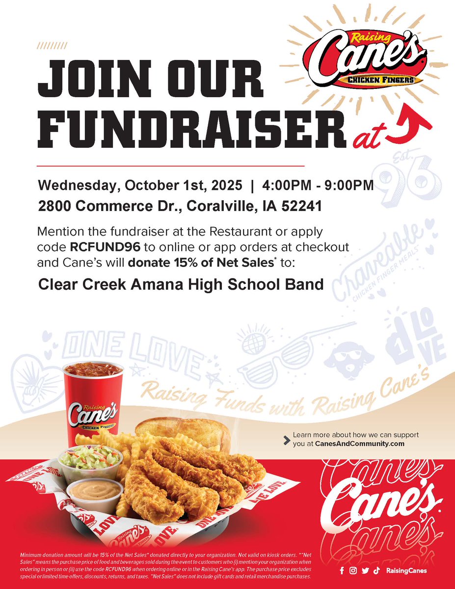 CCA_Band's tweet photo. 🥁 Eat Cane’s → Fund Uniforms! 🥁
Support the CCA Marching Band’s new uniforms by grabbing dinner at Raising Cane’s on Oct. 1, 4–9 PM. Mention RCFUND96 and 15% of your meal goes to the cause! 🎶🍗
DRIVE-THRU COUNTS! https://t.co/Ud48rpWOVl