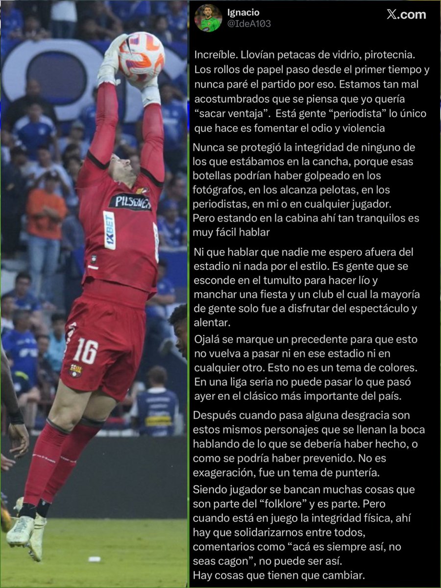 eduardoerazov's tweet photo. 💥 Durísima y muy correcta respuesta del arquero de @BarcelonaSC 🟡⚫️, Ignacio de Arruabarrena, a los desafortunados comentarios vertidos por 2 periodistas durante la transmisión, quienes en el momento de los botellazos lo señalaron de "hacer teatro".

No se protegió la integridad de los protagonistas y pide medidas al respecto para prevenir alguna desgracia.