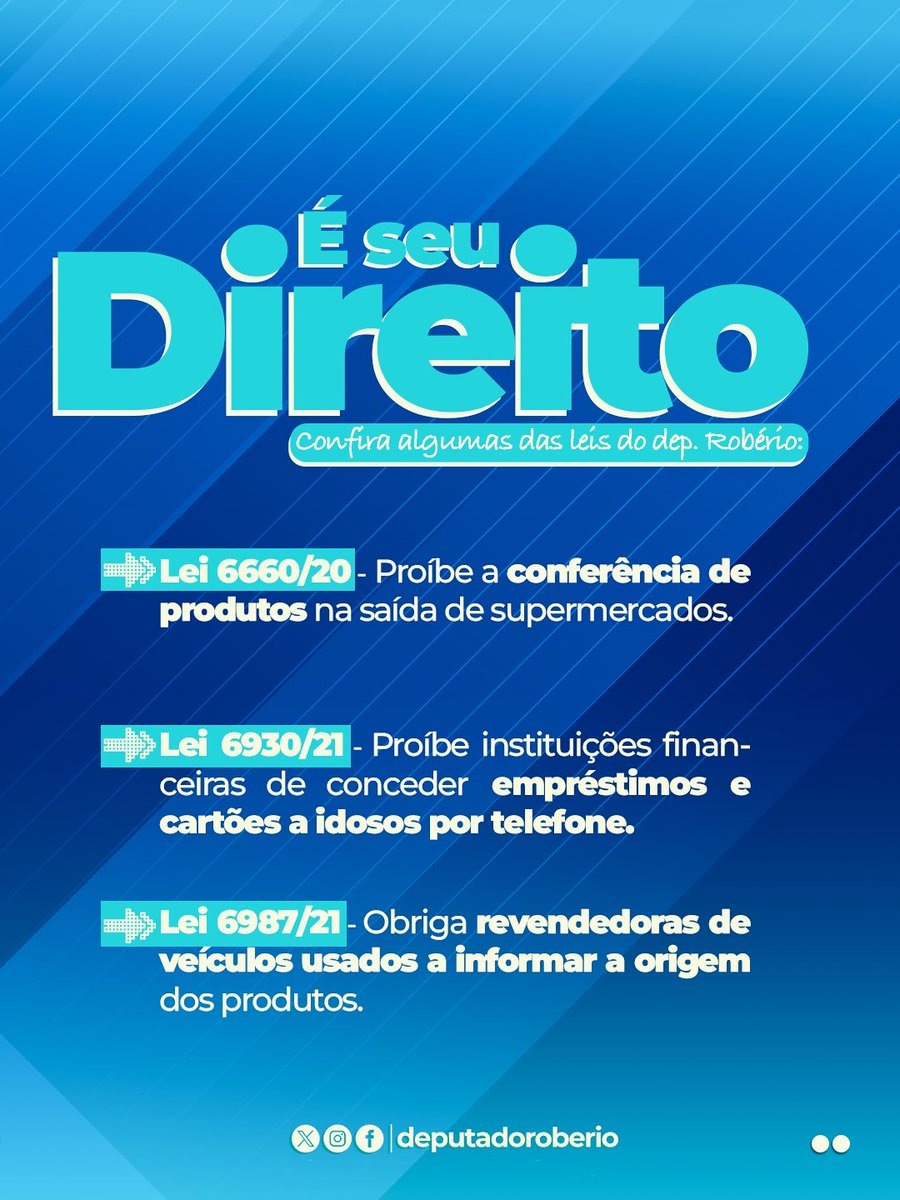 DeputadoRoberio's tweet image. 🛒 Hoje é o #DiaDoCliente e de reforçar que todo consumidor tem direitos e merece respeito nas relações de consumo.

O nosso mandato tem compromisso em assegurar iniciativas que protejam e ajudem você, cliente e consumidor, no dia a dia. Conheça algumas das leis de nossa autoria:…