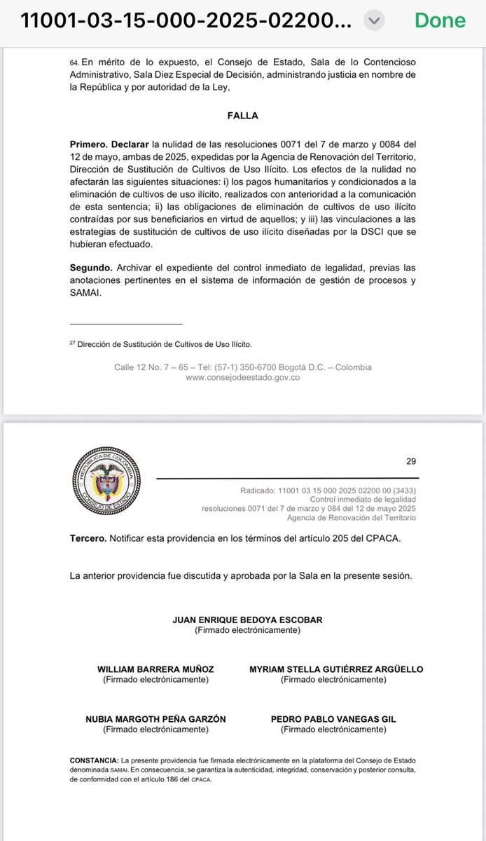 #JUSTICIA El Consejo de Estado tumbó dos resoluciones del Gobierno Nacional, suscritas por la Agencia de Renovación Urbana, que buscaban otorgar pagos humanitarios por erradicación voluntaria de cultivos en medio del Estado de conmoción interior en el Catatumbo. 

Se demostró que