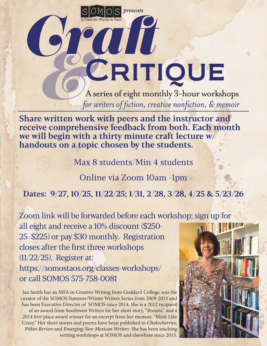 Register now for Craft &amp; Critique with Jan Smith - somostaos.org/classes-worksh…