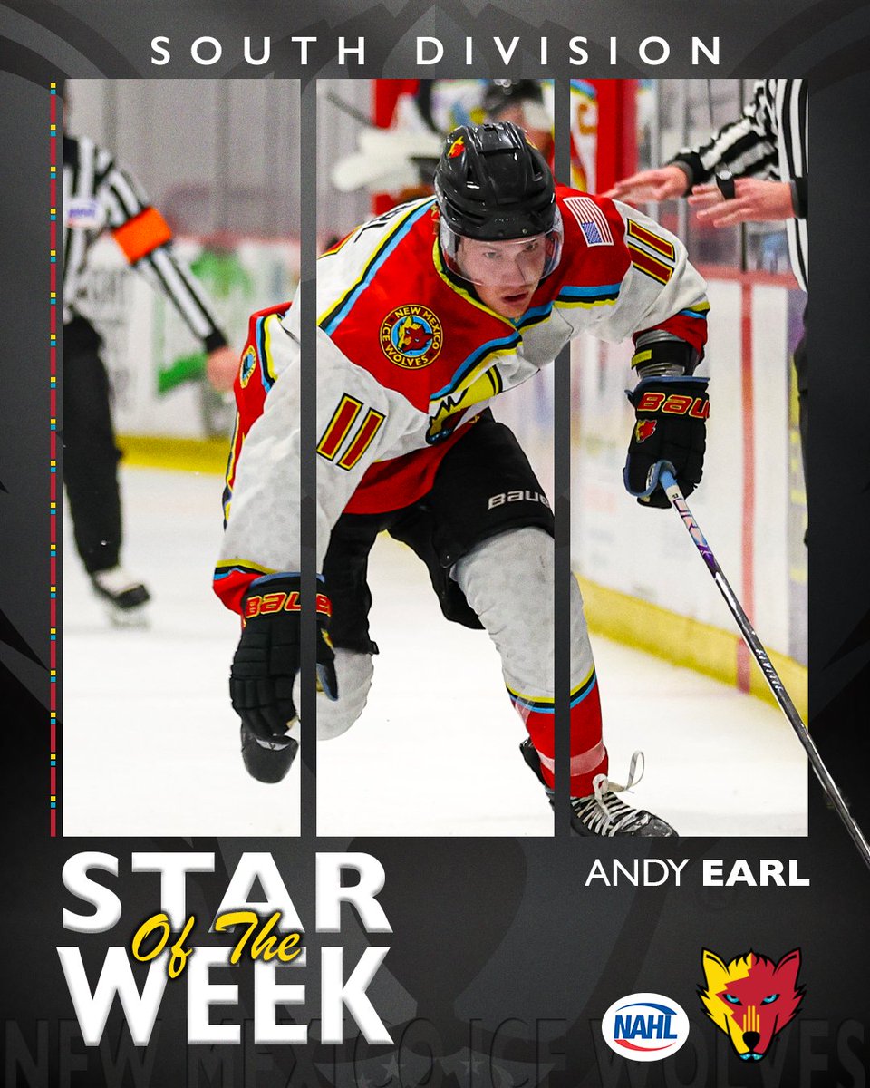 NMIceWolves's tweet image. With 2 goals and 3 assists in our opening weekend against the Amarillo Wranglers, Andy Earl earns the South Division star of the week! 🤩