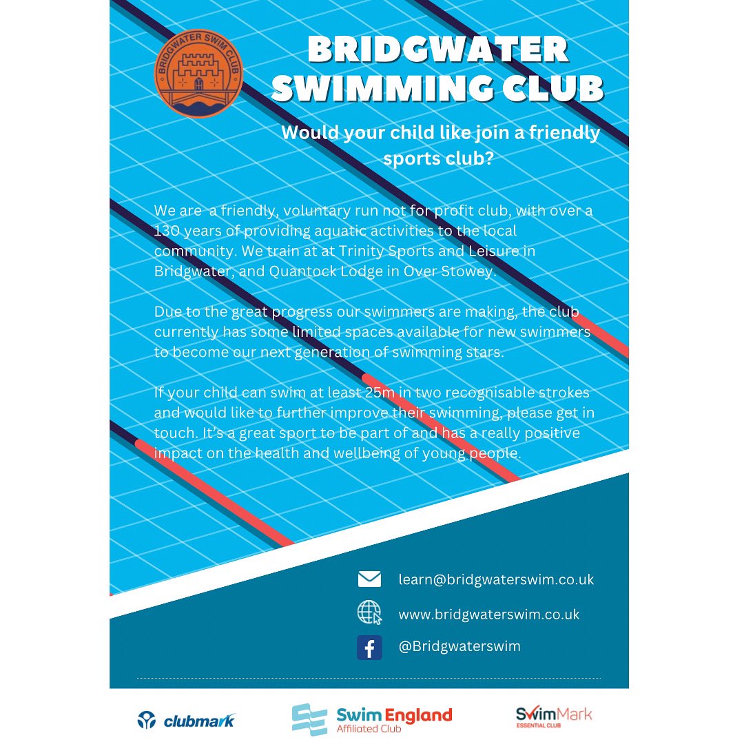 We are looking for our next generation of swim stars 🌟. 

If your child is looking 👀 for a new club to join and can swim 25m in two recognised strokes or is working towards stage 5 or above of the Swim England learn to swim programme than please get in touch.