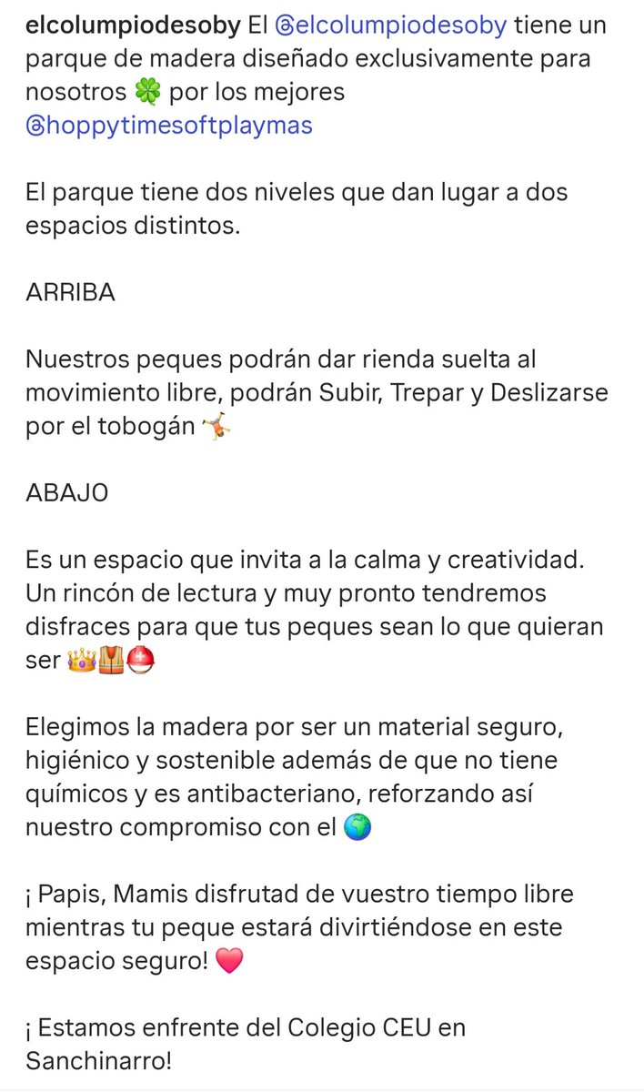 🆕  ¡¡¡Nueva ludoteca infantil!! ⏩ "EL COLJMPIO DE SOBY" 🎉

📍 En el antiguo local de Head Cleaners en Avda. Ingeniero Emilio Herrera (al lado del CEU).

🛝 Cuenta con un impresionante parque de madera, rincón de lectura, zona de disfraces..

🙌 Gracias x apostar x el barrio!!!