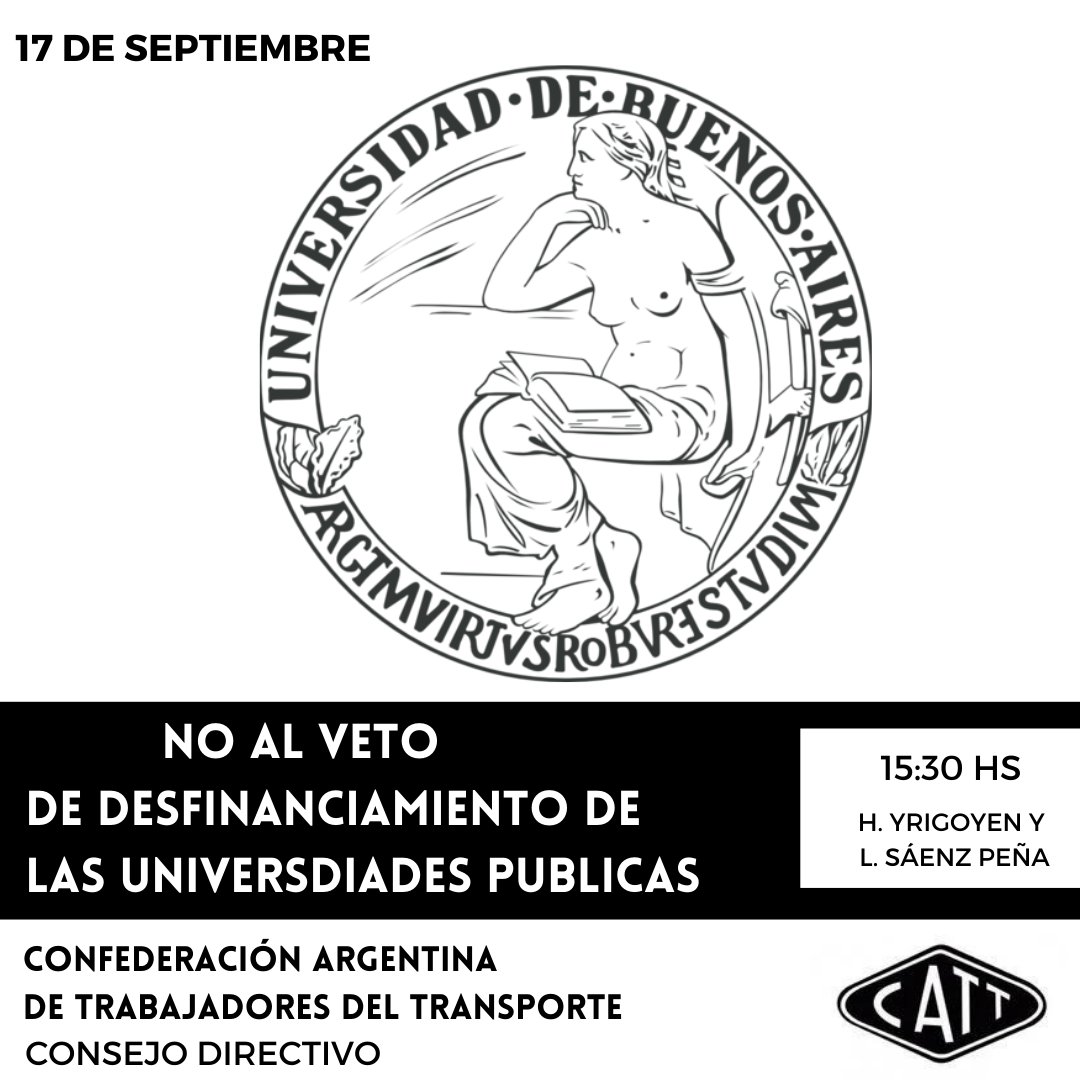 ¡Miércoles 17/9 marchamos en todo el país!

Desde la CATT decimos NO al veto de Milei, en defensa de la universidad pública.

📌Concentramos a las 15.30 Hs en Luis Saénz Peña e Yrigoyen.