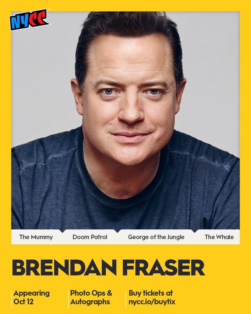New York Comic Con (@ny_comic_con) on Twitter photo The one and only Brendan Fraser 🤝 the one and only NYCC. The iconic Brendan Fraser (The Mummy, Doom Patrol, George of the Jungle) just joined our lineup on Sunday, October 12. Sunday tickets are almost sold out, hurry and buy yours before it’s too late: nycc.io/buytix The one and only Brendan Fraser 🤝 the one and only NYCC. The iconic Brendan Fraser (The Mummy, Doom Patrol, George of the Jungle) just joined our lineup on Sunday, October 12. Sunday tickets are almost sold out, hurry and buy yours before it’s too late: nycc.io/buytix