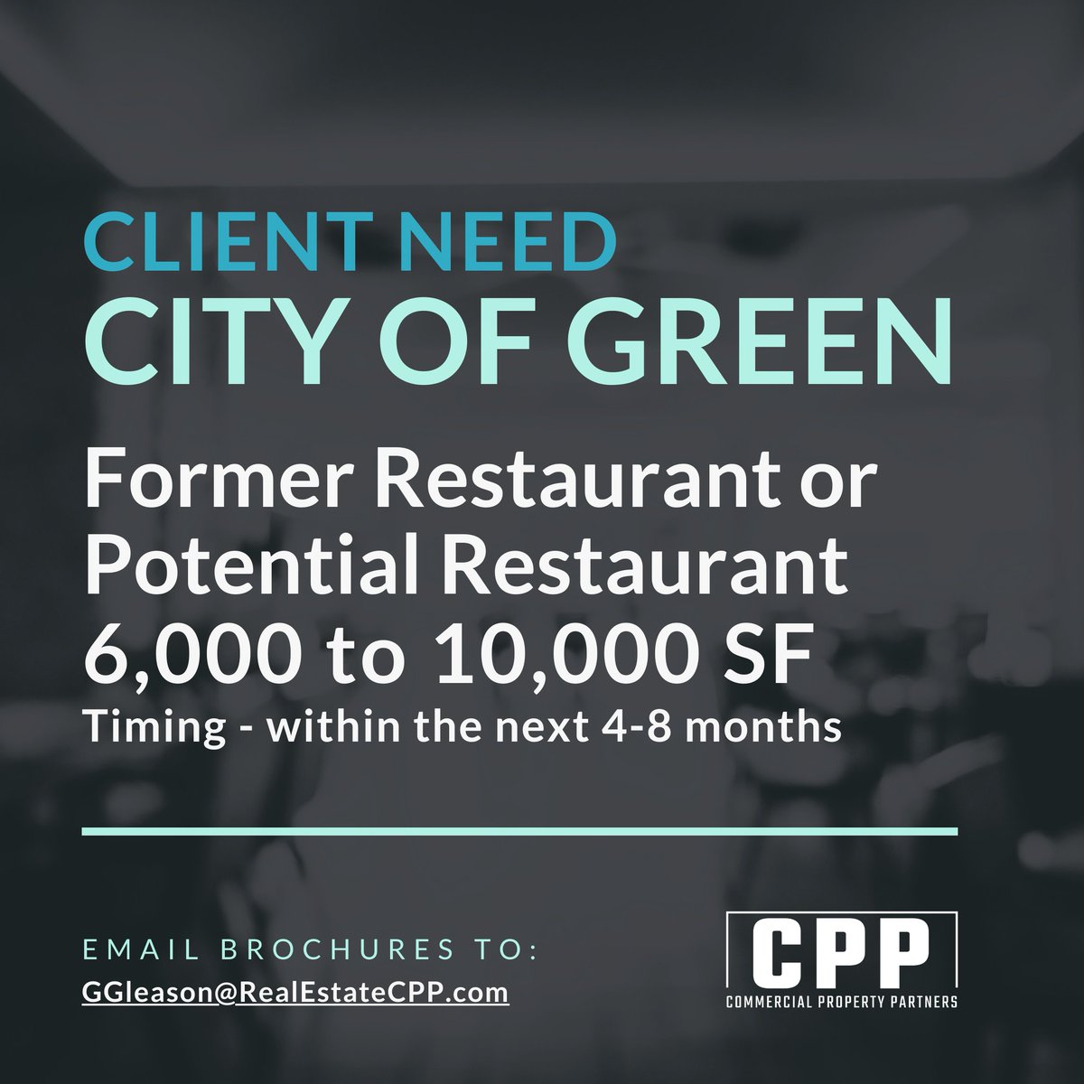 RealEstateCPP's tweet image. Client Need Alert! Commercial Property Partners is seeking a space for a client in the City of Green. We&apos;re looking for a former restaurant or a property with potential for a restaurant — approximately 6,000 to 10,000 SF. Within the next 4-8 months.
#CityOfGreen #RestaurantSpace